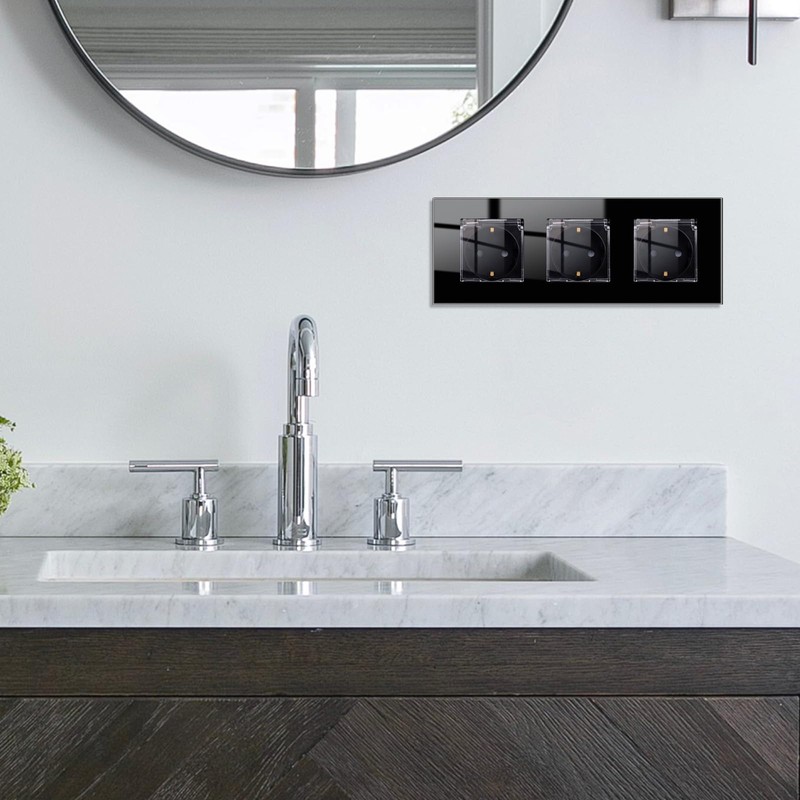 JIMEIDA 3 Socket Glass Flush-Mounted Black 16 Amp Sockets with