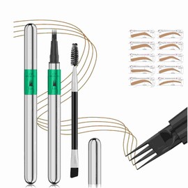 4 Fork Tip Eyebrow Pen - Waterproof Brow Pencil with Ultra-Fine Tips, Smudge-Proof & Sweatproof, Natural Hair-Like Strokes, Beginner-friendly(Includes Eyebrow Stencils & Brush) (Light Brown)