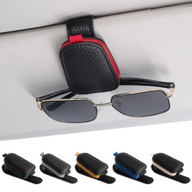 SINGARO Sunglasses Holder for Car, Leather Magnetic Buckle Sun Visor Sunglass Clip, Ticket Card Storage Glasses Clip, Car Interior Accessories for Men and Women（Black-red）