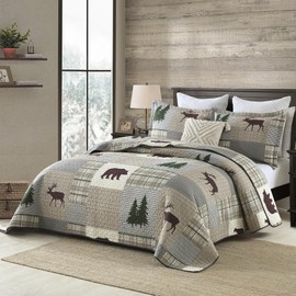 Uniclinens Queen Quilt Set, 100% Cotton Quilt Queen Size Bedding Set Bedspreads, Bear Tree Elk Farmhouse Rustic Quilt, Patchwork Plaid Comforter Set, Brown/Grey/Green, All Season Lightweight, 3-Piece