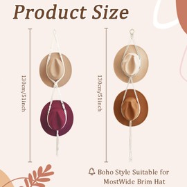 2PCS Hand Weaving Hat Rack, Wide Brim Boho Hat Hanger, Bohemian Hat Organizer for Wall Hanging Decor, Hat Display for Beach Bowler Cowboy Hats (White)