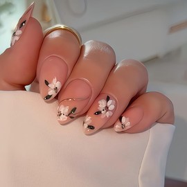 UEYRSEDB Flower Press on Nails Short Almond Fake Nails with Spring Summer Flower Design Gold Curve Line Glue on False Nail Floral Artificial Stick on Nail for Women Manicure Accessories 24Pcs
