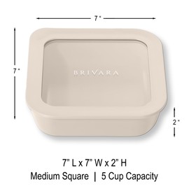 BRIVARA HOME Ceramic Coated Glass Food Storage Container | No PTFE, PFOA, PFAS, and BPA | Reusable Non Toxic Meal Prep Container with Glass Lid | Easy To Store | 5 Cup Square [Crema]