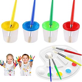 STEFORD 4PCS Toddlers No Spill Paint Cups with Lids and 4PCS Paint Brushes for Kids/Beginners(with A Free Paint Palette)