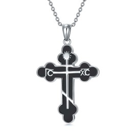 ROMANTICWORK Black Obsidian Orthodox Cross Necklace 925 Sterling Silver Eastern Orthodox Cross Pendant Necklace Religious Christian Jewelry for Men Women
