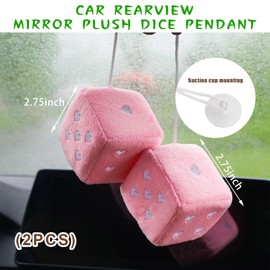 Dickno 2 PCS Fuzzy Plush Dice for Car Mirror, 3" Soft Retro Square Heart-Shape Rearview Mirror Ornament, Universal Interior Hanging Dice Decor Accessories for Women (Pink)