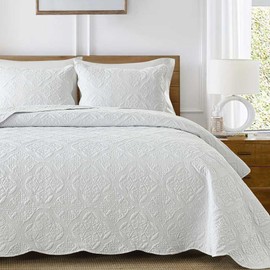 Boryard White California King Quilt Set - 100% Cotton Embossed Soft Warm Cal King Bedspread Coverlet Bedding Set with 2 Pillow Shams, 111x106 inch