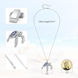 TANGPOET 925 Sterling Silver Turtle Necklace Turtle Pendant Ocean Jewellery Gifts for Women with S925 18 Inch + 2 Inch Cable Chain, Sterling Silver, Opal