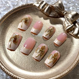 MERVF Press on Nails Medium Square Fall Light Brown French Tip Fake Nail Glue ons Acrylic Nail Gold Leaf Design Art Manicure Supplies 24pcs Glossy