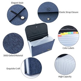 Uquelic 13Pockets Canvas Oxford Expanding File Folder - Waterproof A4 Business Expandable Document Organizer with Labels/Letter Size Accordion File Storage Simple Style Briefcase Bag (Gray)