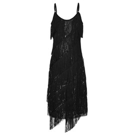 JerrisApparel Women’s 1920s Fringed Flapper Costume Tassel Latin Dance Party Dress, Black, X-Large