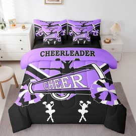 Cheerleading Full Comforter Set 7-Piece Cute Cheerleader Bedding Comforter Sets, Black and Purple Bed in a Bag Dancer Princess Bedding Set, Cheerleading Dance Bed Sheets Set Girls Room Decorative