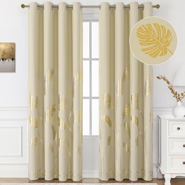 BUHUA Blackout Curtains 84 Inches Length Gold Foil with Palm Leaf Design Thermal Insulated Window Drapes Room Darkening Noise Reducing Curtains, 52Wx84L, Beige, Set of 2 Panels