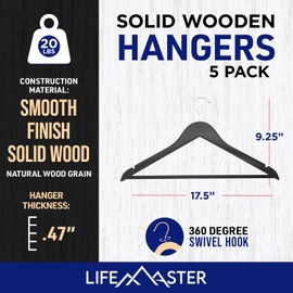 Lifemaster Wooden Clothes Hangers – with 360 Degree Swivel Hook and Non-Slip Shoulder Notch, Holds Up to 10 lbs, Pants Bar Design, for Organizing Suit, Dress, Coat, and Clothes, Pack of 5, Black