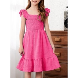 DOKOTOO KIDS Girls Ruffle Sleeve Dresses Summer Casual Smocked A-Line Swing Dress Graduation Dress for Girls Rose Red 14-15 Years