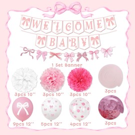 Pink baby shower decorations for Girl Coquette Pink Bow Baby Shower Decorations Girls Welcome Baby Banner Gender Reveal Bow Theme Party Supplies