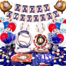 Baseball Party Supplies - Baseball Tableware Kit Including Banner, Plates, Cups, Napkins, Spoons, Knives, Forks, Tablecloth, for Kids Baseball Themed Fans Birthday Decorations, Serves 20 Guests