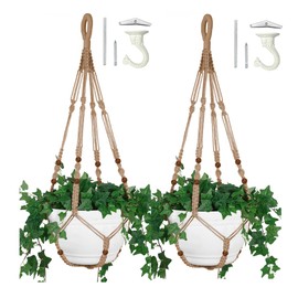 Shineloha 2PK 43 Inches Macrame Planter Hanger Large for 12 inch Pot + Swag Hook (Extra Long & Big) | Large Hanging Planter for Indoor Plants | No Tassel, Cotton Rope, NO Pot/Plant Included (Jute)(XL)