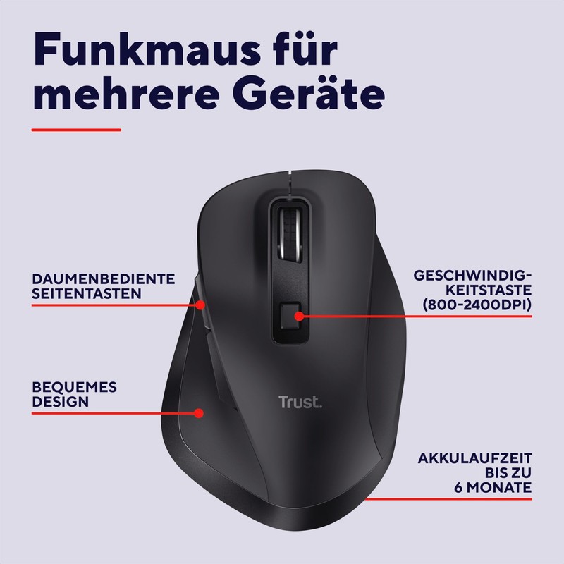 Trust Fyda Aufladbare Kabellose Maus Bluetooth + 2.4GHz, Ergonomische Daumenauflage,