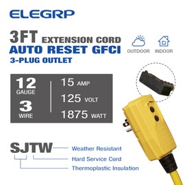 ELEGRP 15 Amp Auto Reset GFCI Extension Cord 3ft 12/3 SJTW Heavy Duty Yellow Pigtail Cable 3 Wires 3 Prongs Grounded Plug with 3 Electrical Power Outlet, Broom Tail Design,UL Listed