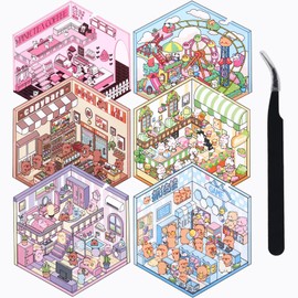 6 Sets DIY 3D Stickers Scene Cute Fun House Stickers for Adults Kids Reusable House Room Sticker Book Korean Cartoon Sticker Scene Make Your Own Supermarket Coffee Shop Funny DIY Art Set-K