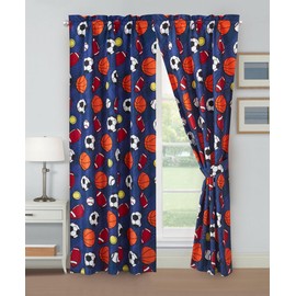 Chezmoi Collection 4-Piece Kids/Teens Sports Balls Window Curtain Set - Navy Blue Gray Orange White Printed Football Soccer Basketball Baseball Tennis Kids Room Curtains, 2-Panels (42" W x 63" L)