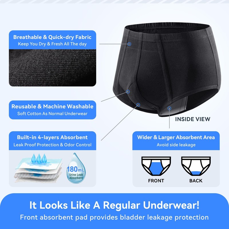 Carer Mens Incontinence Pants 3 Pcs Reusable Washable Cotton Incontinence