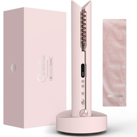Travel Flat Iron Cordless, Mini Hair Straightener and Curler for On The Go, Portable Size USB-C Rechargeable Grey Straightening Iron PRITECH Pink