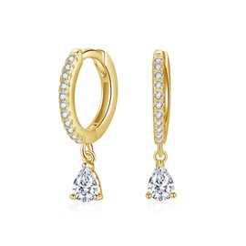 Dainty Huggie Hoop Earrings with Clear Cubic Zirconia Tear Drop Dangle for Women, 18K Real Gold Plated 925 Sterling Silver Lightweight Minimalist Jewelry Gift for Her