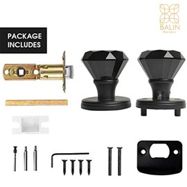 Balin Designs Crystal Doorknobs - Matte Black, Round Glass Privacy Doorknobs - Interior Antique Crystal Decorative Doorknobs Set with Lock Latch - Perfect for Bathroom and Bedroom