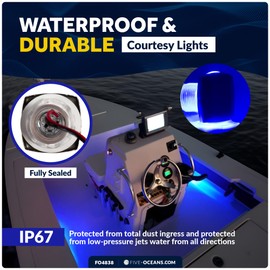 Five Oceans LED Boat Courtesy Lights, 1-5/16-Inch 316 Stainless Steel Square Cover, 4-Pack, IP67 Waterproof, Blue 3LM, 12V, Thru-Hull Mount for Livewell & Underwater Light on Boats - FO4838