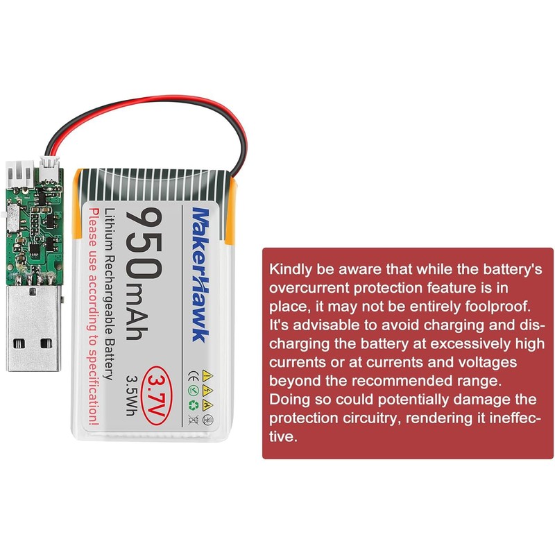 MakerHawk 3.7V 950mAh LiPo Battery Rechargeable 1S 3C Lithium Polymer