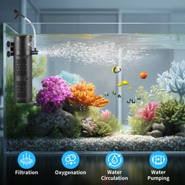 BlueYu Aquarium Filter 4-in-1 Internal Fish Tank Filter, Turtle Tank Filter, 130 GPH for 15-40 Gallon Tanks with Dual Water Outlet & Adjustable Oxygenation for Fresh/Saltwater Aquariums