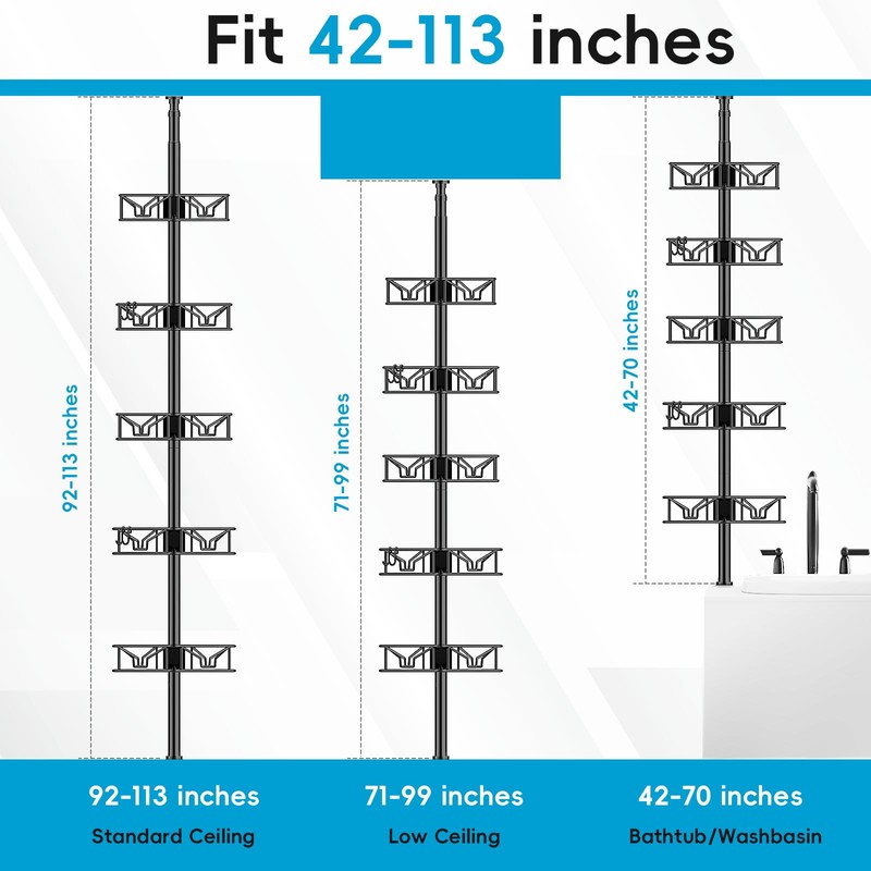 Skycarper 5 Tier Adjustable Corner Shower Caddy Organizer with Hooks,Rustproof