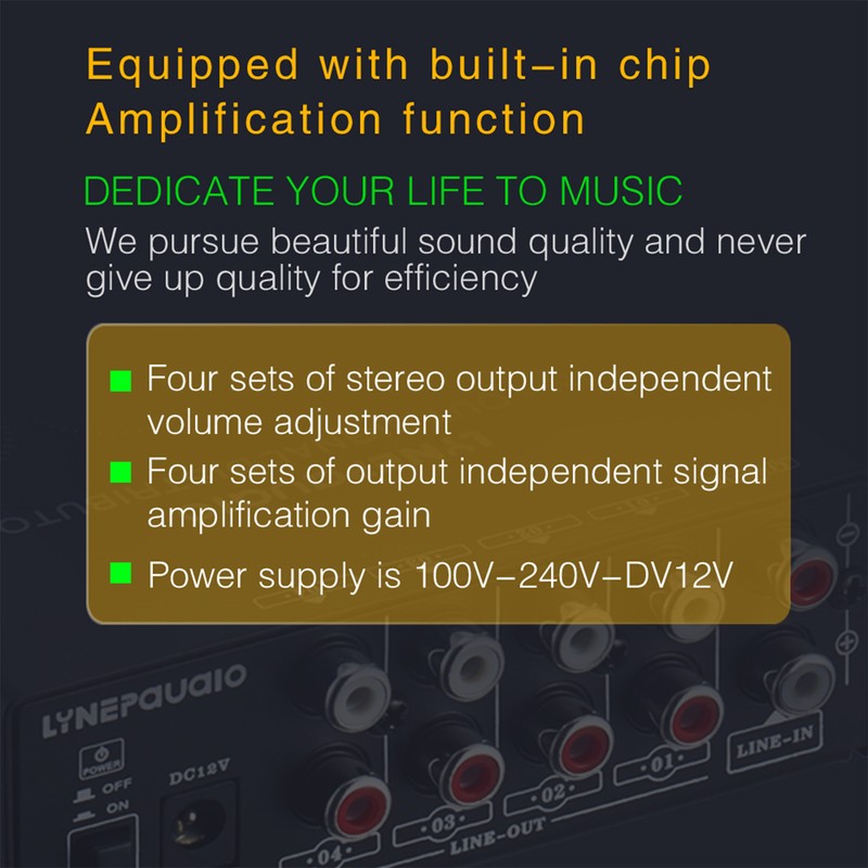 LYNEPAUAIO 1-in-4-out Stereo Audio Amplifier Amp Signal Distributor 1 Channel