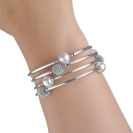 Beaded Chakra Bangle Turquoise Bracelet - Fashion Jewelry Wrap Bracelet with Thick Silver Metal and Mala Beads, Birthday Gifts For Women(63-White Shell Pearl)