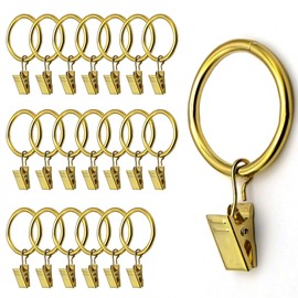 Gold Finish Curtain Rings with Clips 1 Inch Set of 20 Heavy Duty Curtain Hooks for Drapes, Caps, Pictures - fits on Rod Diameter Upto 0.9 Inch/22.86mm… (Gold, 1" Inch - 20 Pack)
