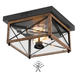 GOEBLESON Outdoor Ceiling Light with Motion Sensor, Flush Mount Porch Ceiling Lights Outdoor, 2-Light Farmhouse Metal Close to Ceiling Light Fixture for Patio, Hallway, Garage, Rustic Brown FT09XD05W1