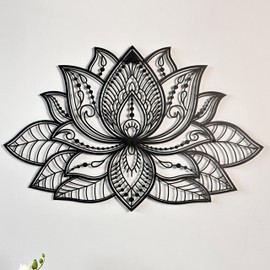 iwa concept Mandala Metal Wall Decor, Lotus Flower Meditation Room Decor, Minimalist Zen Garden Bohemian Gift for New Year (17" x 11" | 43 x 27.5 cm, Black)