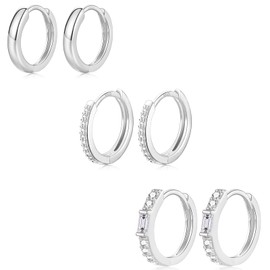 Sterling Silver Hoop Earrings for Women, 3 Pairs Small Silver Huggie Hoop Earrings Set | Hypoallergenic Cubic Zirconia Hoops Earring Jewellery Gifts for Ladies Teens Girls, 8/9/10mm