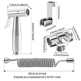 Bidet Edelstahl Handbrause Set, Badezimmer - Bidetaufsatz mit mit Wasserhahn-Spender, Federschlauchhaken, Wasserhahnspender, Badezimmerhygiene und Windelreinigung,silberfarben