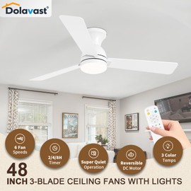 Dolavast Ceiling Fans with Lights, 48 inch Low Profile Ceiling Fan with Light and Remote Control, Flush Mount, Reversible, 3CCT, Dimmable LED, Noiseless, White Ceiling Fan for Bedroom, Dining Room