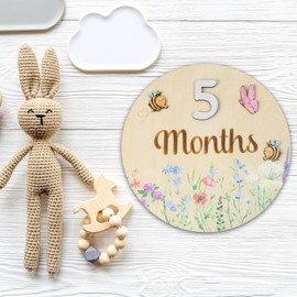 Baby Monthly Milestone Cards – Wooden Monthly Milestone Discs for Newborn Photography – Baby Announcement Sign (Circle Flower)