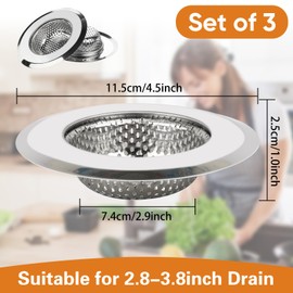 Kitchen Sink Strainer 3 Pack, 4.5 Inch/11.5cm Stainless Steel Sink Drain Strainer Kit Food Catcher for Kitchen Sink