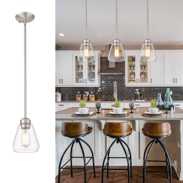 Beionxii Glass Pendant Lights | Modern Brushed Nickel Pendant Lighting for Kitchen Island, Dining Room, Over The Sink