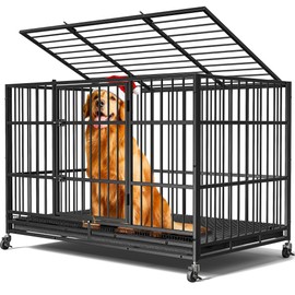 48" Dog Crates for Large Dogs, Upgraded 4 Lockable Wheels, Removable Door, Dog Kennel Indoor, Max Load 300Lbs, Easy to Clean, Removable Tray, XL Dog Cage for Large and Medium Dogs