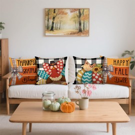 FUYUCHEN Happy Fall Thanksgiving Pillow Covers 18x18 Inch Turkey Cardinal Pumpkins Buffalo Plaid Throw Pillow Cases for Thankful Harvest Holiday Farmhouse Decorations Sofa Couch Set of 4