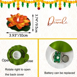 6 Pcs Diwali Lotus Lamp Decorations, Led Waterproof Flameless Lotus Tea Lights with Water Lily Pad, Home Garden Pond Indian Temples Pooja Gifts