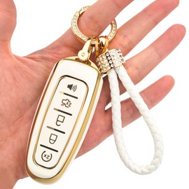 OLLEN TPU Key Fob Cover Fit for Ford C-Max Edge Escape Expedition Explorer Flex Focus Taurus Lincoln MKS MKT MKX Navigator, Full Protection Soft TPU Key Case, with Bling Leather Keychain, White