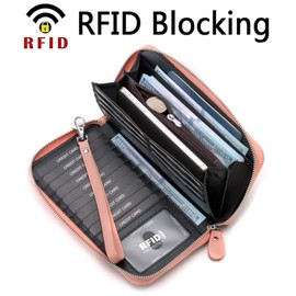 Moflycom Womens Wallet RFID Blocking Genuine Leather Multi Credit Card Large Capacity Zip Around Clutch Travel Purse Wristlet, Pink/White/Grey, L, Rfid Wallet